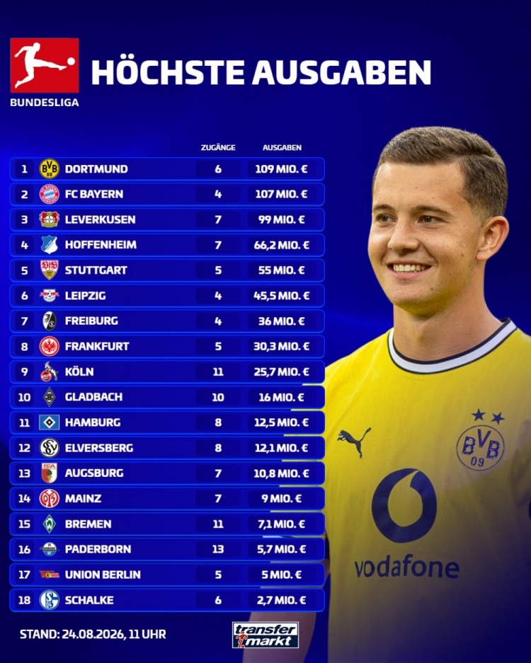 德甲引援投入榜：多特1.09亿欧力压拜仁登顶，沙尔克270万欧垫底